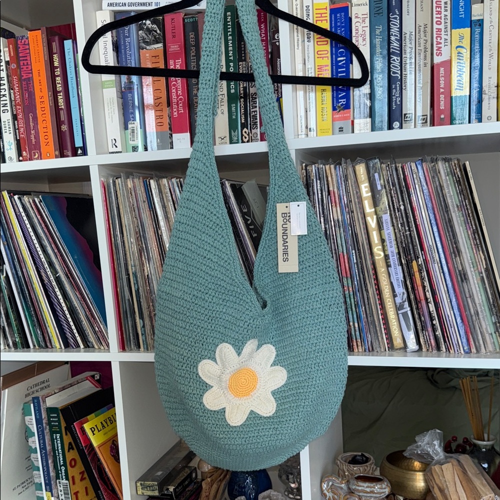 No Boundaries Handmade Blue Crochet Hobo Bag with Floral Detail